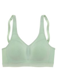 Hellgrüner, weicher Baumwoll-Bralette mit V-Ausschnitt, verstellbaren Trägern und nahtlosen Cups. Mit dezenten Stichdetails.