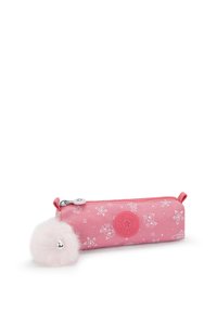 Pink pencil case with floral patterns, zip closure, and fluffy pom-pom accent. Made from durable material with a cylindrical shape.