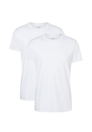 Due magliette bianche in cotone a maniche corte, design a girocollo, texture liscia e senza motivi o dettagli visibili.