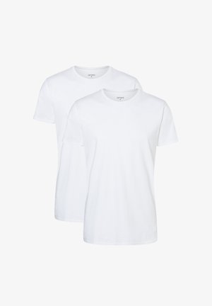 Due magliette bianche in cotone a maniche corte, design a girocollo, texture liscia e senza motivi o dettagli visibili.