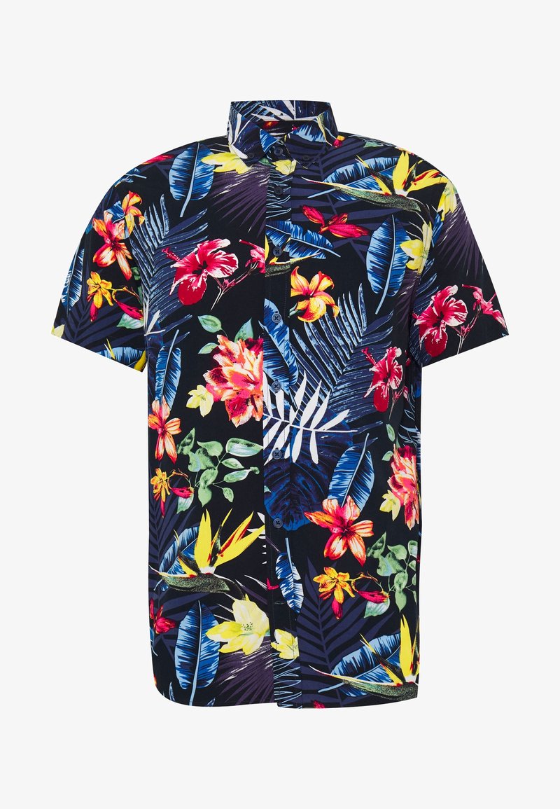 Chemise à manches courtes avec un motif floral et de feuilles tropicales vibrant en rouge, jaune, bleu et vert sur un fond sombre.