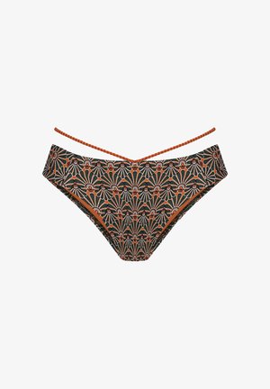 Dół od bikini z pomarańczowym wiązaniem warkoczowym oraz tkaniną z geometrycznym kwiatowym wzorem w kolorach czarnym, pomarańczowym i beżowym.