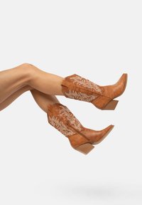 Botas de cowboy de cuero marrón con punteras afiladas, costuras decorativas blancas, cañas texturizadas y tacones apilados. Diseño elevado en el tobillo.