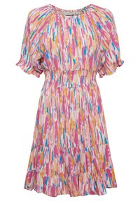 Rochie roz cu mânecă scurtă, cu talie elastică, având un model abstract vibrant în nuanțe de galben, albastru și alb, și o margine din volane.