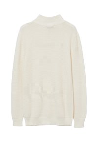 Maglione lavorato a maglia color crema con colletto alto, caratterizzato da un motivo testurizzato e polsini e orlo a coste. Vista posteriore, design a maniche lunghe.