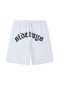 Shorts bianchi con vita elasticizzata, dotati di tasche laterali e una grande grafica nera "di lato" stampata sul retro.