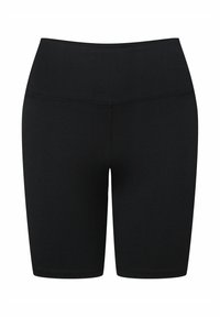 Czarne spodenki kolarskie, elastyczna tkanina, wysoki stan, gładka faktura, długość do połowy uda, bez widocznych wzorów ani detali hardware'owych.