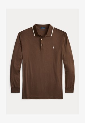 Hnědá polo košile s dlouhým rukávem vyrobená z bavlny, s límcem s bílým lemem, placket se třemi knoflíky a malým logem na hrudi.
