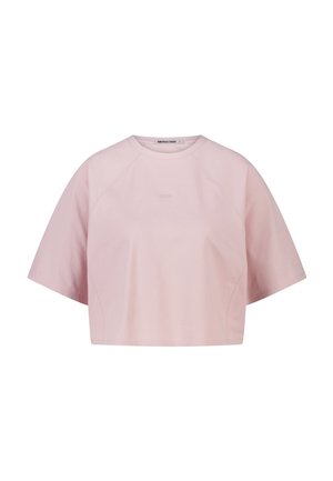 Lichtroze cropped T-shirt met korte mouwen en een ronde hals, met subtiele stiksel-details en een klein logo op de borst.