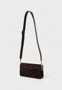 Leopard print shoulder bag in dark brown and black, with a smooth texture, gold hardware, and an adjustable black strap. Rectangular shape.