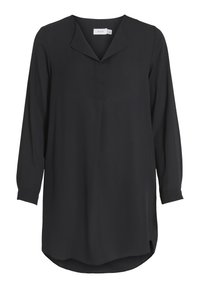 Blusa negra de manga larga con un pequeño cuello en V, pliegue en la parte frontal y dobladillo curvado. Confeccionada en una tela ligera y suave con mangas largas.