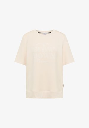 Beżowy t-shirt z krótkim rękawem, z prążkowanym dołem i białym napisem "SLOW DOWN" oraz mniejszymi frazami "EMBRACE CHANGE" i "TAKE A BREAK FEEL JOY."
