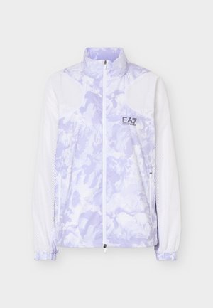 Veste zippée à motifs violet clair et blanc avec manches longues en mesh et logo EA7 Emporio Armani sur la poitrine gauche.