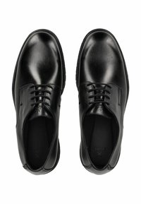 Scarpe eleganti in pelle nera con una texture liscia, punta tonda e design tradizionale con lacci. Costruzione semplice con dettagli minimi.