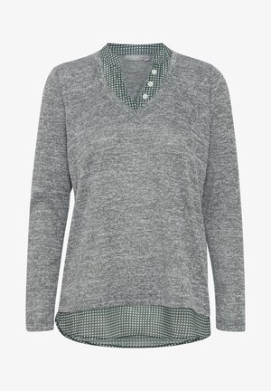 Graues Langarmoberteil mit V-Ausschnitt, das einen karierter Kragen, einen strukturierten Körper, abgerundeten Saum und Knopfdetails aufweist.