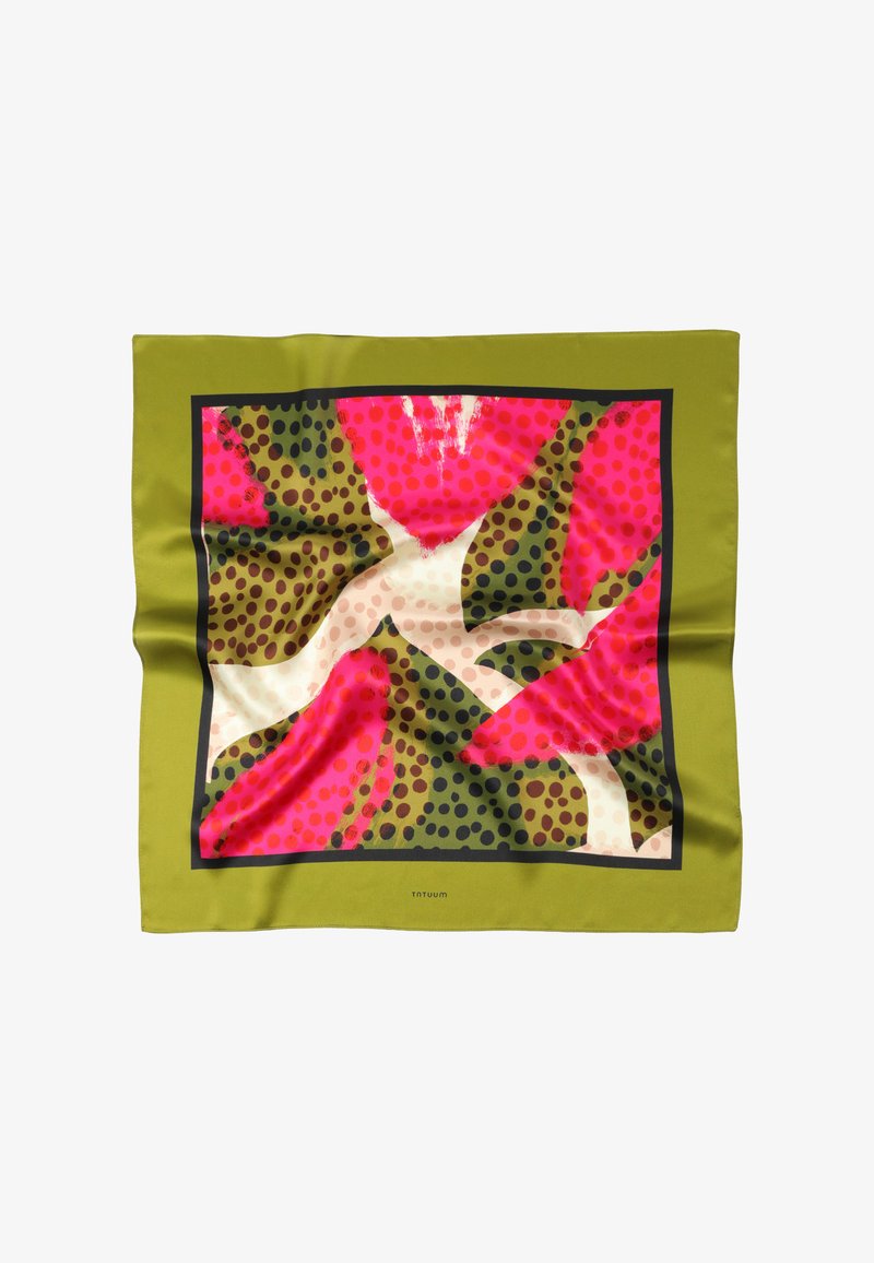 Quadratisches Seidentuch mit olivgrünem Rand, das abstrakte pinke, cremefarbene und schwarze Punktmuster innerhalb eines schwarzen Rahmens zeigt.