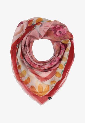 Leichter dreieckiger Schal mit Blumen- und Blattmustern in Rosa-, Rot-, Orange- und Gelbtönen, mit rotem Rand und Fransen an den Kanten.