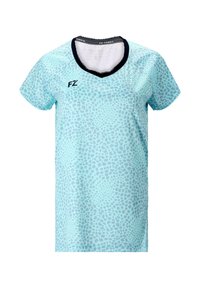 Ljust blå kortärmad T-shirt med en texturerad leopardmönster, V-hals och svart accent vid ringningen. FZ-logotypen på vänster sida.