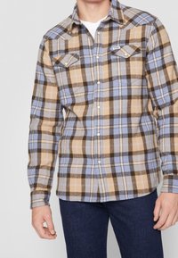 Camicia a quadri nei colori marrone, beige e azzurro chiaro. Realizzata in tessuto morbido, con maniche lunghe, spalle appuntite e bottoni a scatto. Tasche sul petto visibili.