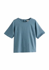 Blue short-sleeve T-shirt made from soft fabric, featuring a round neck and straight cut. No visible patterns or embellishments.