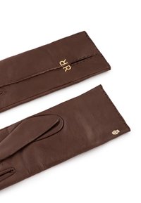 Brown leather gloves featuring gold hardware accents with embossed initials. The design includes a seamless finish and a soft texture.