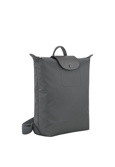 Gray rectangular backpack with a top handle, flap closure with button, zipper, and adjustable shoulder strap on a white background.