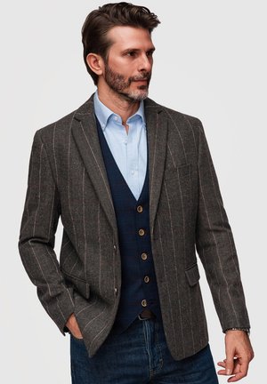 Mężczyzna z brodą, ubrany w brązową marynarkę w prążki na granatowej w kratę kamizelce i jasnoniebieskiej koszuli, stojący z jedną ręką w kieszeni.