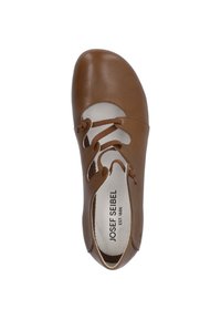 Brown leather shoe with a rounded toe, featuring crisscross laces and a white insole. Branding visible inside. Smooth texture.