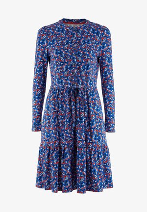 Blaues Kleid mit langen Ärmeln, floralem Muster in Rot und Blau, Knopfverschluss, rundem Ausschnitt und einem gerafften Rock mit Kordelzug-Detail.