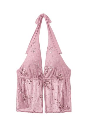 Stradivarius, EMBROIDERED HALTER TOP WITH RHINESTONES - Blouse - salmon