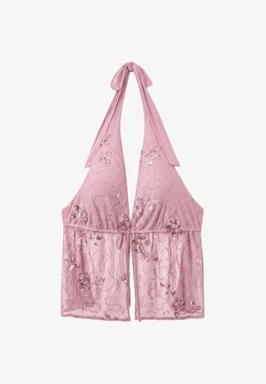 Stradivarius, EMBROIDERED HALTER TOP WITH RHINESTONES - Blouse - salmon