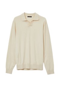 Maglione beige con colletto polo classico, maniche lunghe e polsini a costine. Texture morbida, con un sottile motivo a maglia.