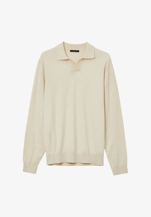 Beige pullover sweater with a classic polo collar, long sleeves, and ribbed cuffs. Soft texture, featuring a subtle knit pattern.