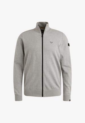 Grau zip-up Sweatshirt aus Strickstoff. Verfügt über einen Stehkragen, lange Ärmel und einen Reißverschluss. Schwarze Akzente in der Nähe des Reißverschlusses.