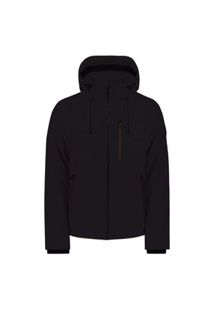 Schwarze Kapuzenjacke mit einem Reißverschluss vorne. Verfügt über zwei seitliche Taschen und eine Brusttasche mit einem gelben Reißverschlussakzent. Glatte Textur.
