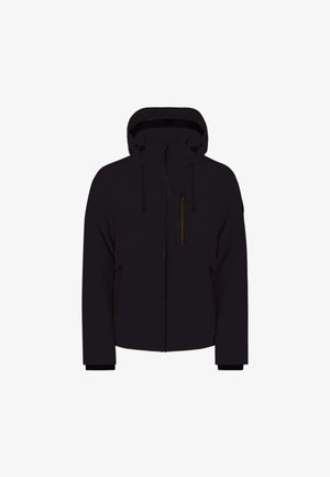 Schwarze Kapuzenjacke mit einem Reißverschluss vorne. Verfügt über zwei seitliche Taschen und eine Brusttasche mit einem gelben Reißverschlussakzent. Glatte Textur.