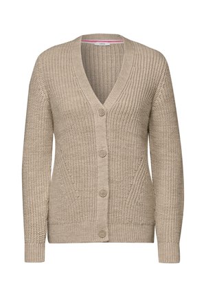 Beige stickad cardigan med V-hals, fem knappar fram och ribbad struktur vid ärmslut och nederkant. Vertikal mönsterdetalj finns.