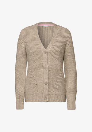 Cardigan de punto beige con escote en V, cinco botones en el frente y textura acanalada en los puños y el dobladillo. Detalles de patrón vertical presentes.