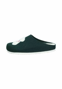 Dark green felt slip-on shoe with a white fluffy decoration. Rounded toe, soft interior, and white rubber sole with textured outsole.