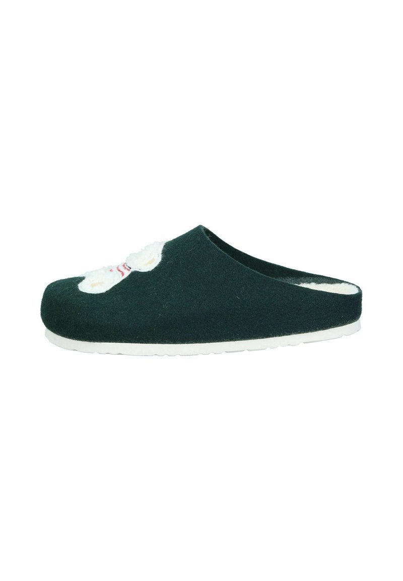 Dark green felt slip-on shoe with a white fluffy decoration. Rounded toe, soft interior, and white rubber sole with textured outsole.