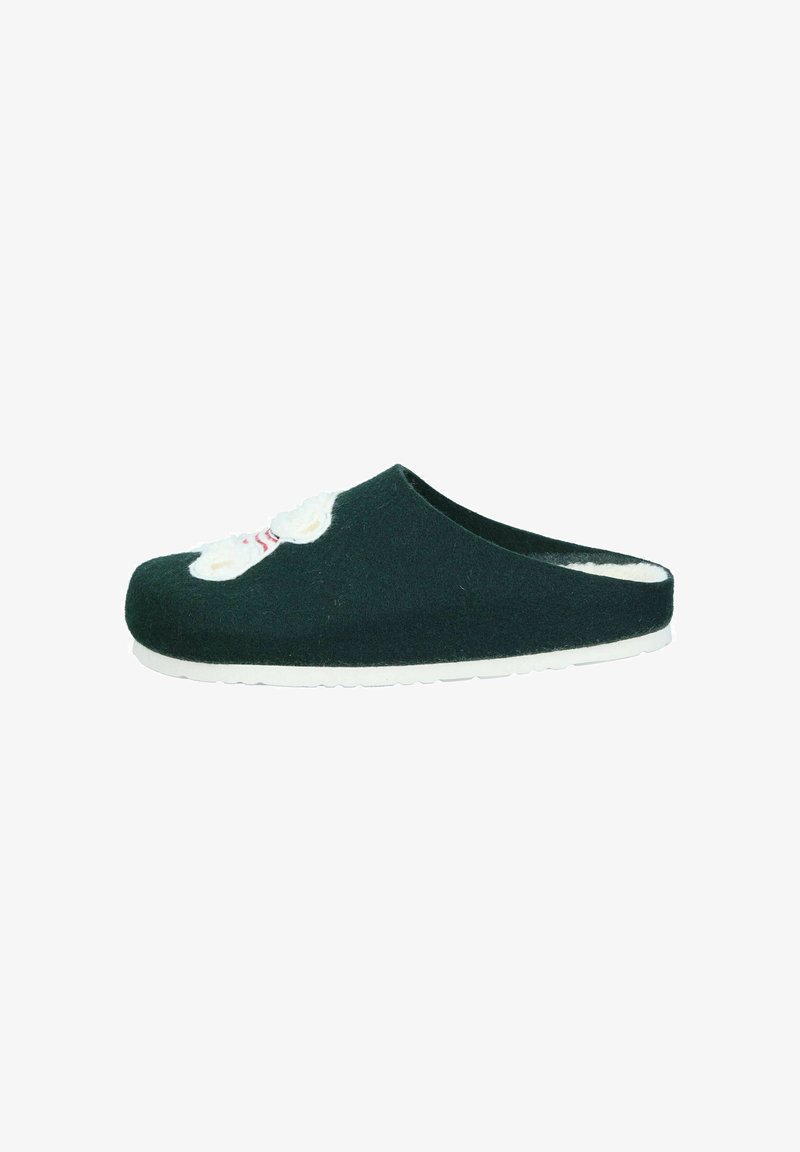 Dark green felt slip-on shoe with a white fluffy decoration. Rounded toe, soft interior, and white rubber sole with textured outsole.