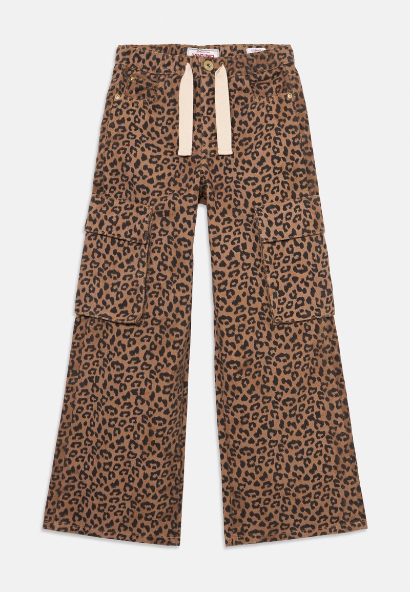 Kalhoty ve zvířecím vzoru leopardí kůže v hnědých odstínech. Mají široké nohavice, dvě boční kapsy a béžovou šňůrku v pase.