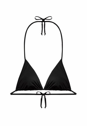 Top de bikini negru cu guler halter, cu cupe triunghiulare și închideri ajustabile la gât și spate, pe fundal alb.