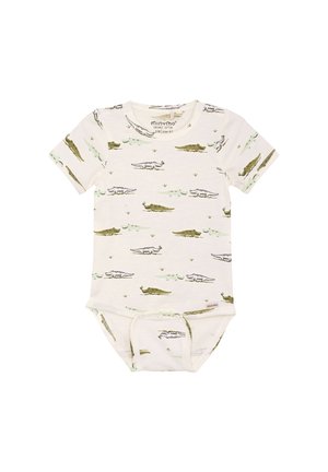 Kortärmad babybody i ekologisk bomull, med en ljusbeige bakgrund som har gröna och grå krokodilmönster. Tryckknäppning i botten.