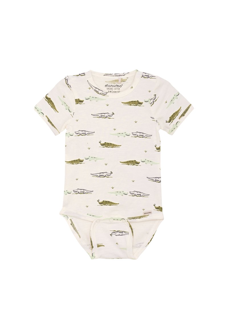 Kortärmad babybody i ekologisk bomull, med en ljusbeige bakgrund som har gröna och grå krokodilmönster. Tryckknäppning i botten.