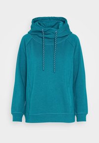Hoodie bleu sarcelle avec col montant, cordons de serrage réglables, manches raglan et poches latérales. Tissu doux et bordures côtelées aux poignets et à l'ourlet.