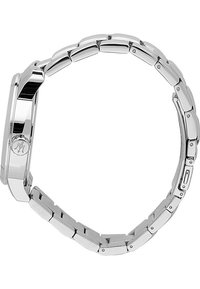 Orologio in acciaio inox argentato con cassa rettangolare, bracciale a maglie integrate, maglie lisce e una corona prominente sul lato.