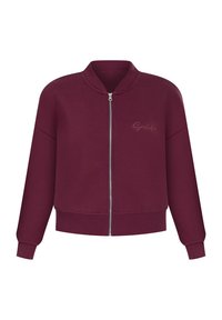 Sweatshirt zippé bordeaux avec un col, des poignets et un ourlet côtelés. Présente un logo discret sur la poitrine et un design à coupe décontractée.