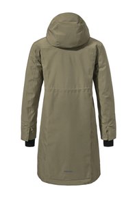 Olivgrüne wasserdichte Jacke mit Kapuze, langen Ärmeln und verstellbaren Manschetten. Besitzt einen geraden Schnitt und eine Belüftung im Rückenteil.