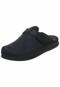 Zoccolo in pelle blu scuro con una superficie liscia, dotato di una fascia in velcro e una suola in gomma nera con cuciture decorative lungo i bordi.